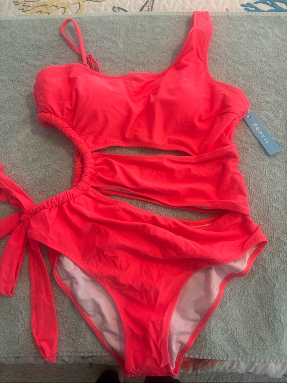 POPVIL Neon Orange One-Shoulder Cutout One-Piece Swimsuit NWT
